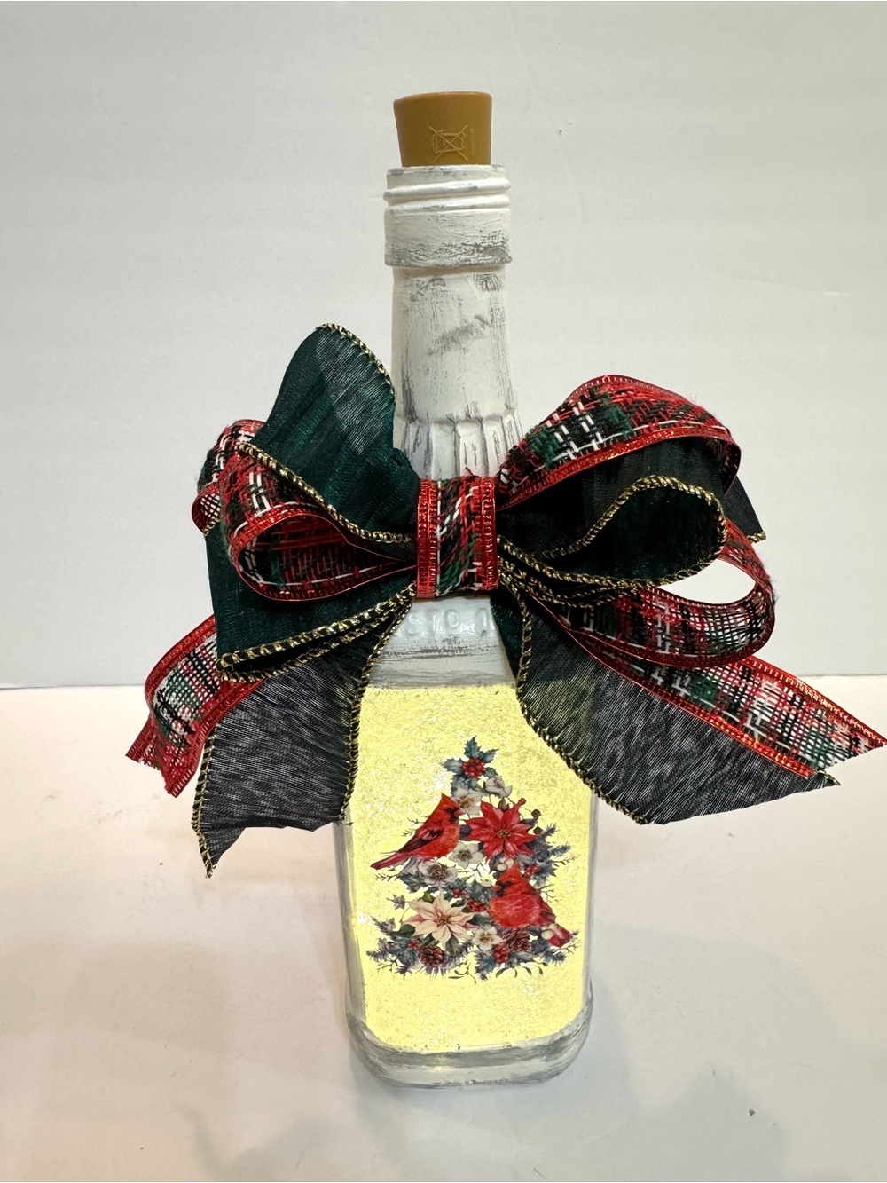 OOAK White Lighted On/Off Cardinal Christmas Bottle Holiday Decor